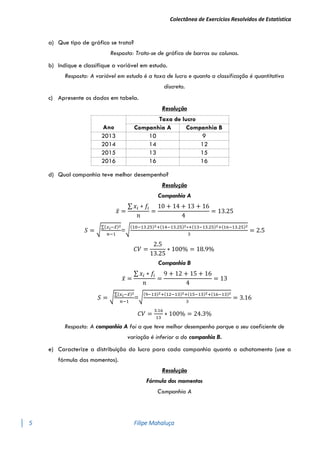 Colectânea de Exercícios Resolvidos de Estatística
5 Filipe Mahaluça
a) Que tipo de gráfico se trata?
Resposta: Trata-se de gráfico de barras ou colunas.
b) Indique e classifique a variável em estudo.
Resposta: A variável em estudo é a taxa de lucro e quanto a classificação é quantitativa
discreta.
c) Apresente os dados em tabela.
Resolução
Ano
Taxa de lucro
Companhia A Companhia B
2013 10 9
2014 14 12
2015 13 15
2016 16 16
d) Qual companhia teve melhor desempenho?
Resolução
Companhia A
𝑥̅ =
∑ 𝑥𝑖 ∗ 𝑓𝑖
𝑛
=
10 + 14 + 13 + 16
4
= 13.25
𝑆 = √
∑(𝑥𝑖−𝑥̅)2
𝑛−1
=√
(10−13.25)2+(14−13.25)2∗+(13−13.25)2+(16−13.25)2
3
= 2.5
𝐶𝑉 =
2.5
13.25
∗ 100% = 18.9%
Companhia B
𝑥̅ =
∑ 𝑥𝑖 ∗ 𝑓𝑖
𝑛
=
9 + 12 + 15 + 16
4
= 13
𝑆 = √
∑(𝑥𝑖−𝑥̅)2
𝑛−1
=√
(9−13)2+(12−13)2+(15−13)2+(16−13)2
3
= 3.16
𝐶𝑉 =
3.16
13
∗ 100% = 24.3%
Resposta: A companhia A foi a que teve melhor desempenho porque o seu coeficiente de
variação é inferior a do companhia B.
e) Caracterize a distribuição do lucro para cada companhia quanto a achatamento (use a
fórmula dos momentos).
Resolução
Fórmula dos momentos
Companhia A
 