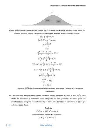 Colectânea de Exercícios Resolvidos de Estatística
94 Filipe Mahaluça
Com a probabilidade à esquerda de k é maior que 0,5, resulta que k tem de ser maior que a média. O
primeiro passo na solução é escrever a probabilidade dada em termos da normal padrão.
𝑃(𝑋 ≤ 𝑘) = 0.75
Se 𝑋~𝑁(𝜇; 𝜎2
), então:
𝑍 =
𝑋 − 𝜇
𝜎
Logo:
𝑃 (
𝑋 − 8
2
≤
𝑘 − 8
2
) = 0.75
𝑃 (𝑍 ≤
𝑘 − 8
2
) = 0.75
𝑃(𝑍 ≤ 0) + 𝑃 (0 ≤ 𝑍 ≤
𝑘 − 8
2
) = 0.75
0.5 + 𝑃 (0 ≤ 𝑍 ≤
𝑘 − 8
2
) = 0.75
𝑡𝑎𝑏 (
𝑘 − 8
2
) = 0.25
𝑘 − 8
2
= 0.67
𝑘 = 9.34
Resposta: 75% das chamadas telefônicas requerem pelo menos 9 minutos e 34 segundos
atendimento
97. Uma clínica de emagrecimento recebe pacientes adultos com peso 𝑁(130 𝐾𝑔; 400 𝐾𝑔2
). Para
efeito de determinar o tratamento mais adequado, os 25% pacientes de menor peso são
classificados de “magros”, enquanto os 25% de maior peso de “obesos”. Determinar os pesos que
delimitam cada classe.
Resolução
𝑋~𝑁(𝜇 = 130; 𝜎2
= 400 )
Padronizando a variável X e Z teremos:
𝑍~𝑁(𝜇 = 0; 𝜎2
= 1 )
0.25
0.50
 