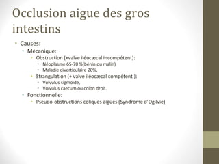 Occlusion aigue des gros
intestins
• Causes:
• Mécanique:
• Obstruction (+valve iléocæcal incompétent):
• Néoplasme 65-70 %(bénin ou malin)
• Maladie diverticulaire 20%,
• Strangulation (+ valve iléocæcal compétent ):
• Volvulus sigmoide,
• Volvulus caecum ou colon droit.
• Fonctionnelle:
• Pseudo-obstructions coliques aigües (Syndrome d’Ogilvie)
 