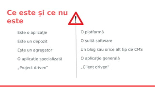 Ce este și ce nu
este
Este o aplicație
Este un depozit
Este un agregator
O aplicație specializată
„Project driven”
O platformă
O suită software
Un blog sau orice alt tip de CMS
O aplicație generală
„Client driven”
 