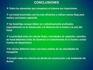CONCLUSIONES
 Todos los elementos que componen el sistema son importantes
 Los hood encerrados son los más eficientes y utilizan menos flujo para
realizar una buena captación
 los hood tipo canope deben ser cuidadosamente analizados
especialmente en lo relacionado a la distancia de la fuente a la cara del
hood
 La prioridad antes de calcular flujos, velocidades de captación, tamaños
de hood debemos tratar de disminuir el contaminante en la fuente y evitar
fuentes de dispersiones

En ductos debemos hacer una buen análisis de las velocidades de
transporte
Cumplir todas los criterios de diseño de construcción y de instalación de
ductos

 