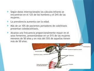  Según datos internacionales los cálculos biliares se
encuentran en el 12% de los hombres y el 24% de las
mujeres.
 La prevalencia aumenta con la edad.
 Más de un 10% de pacientes portadores de colelitiasis
presentan coledocolitiasis.
 Alcanza una frecuencia proporcionalmente mayor en el
sexo femenino, presentándose en un 51% de las mujeres
menores de 50 años y en más del 55% de aquellas tienen
más de 50 años.
 