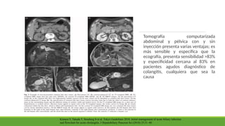 Kimura Y, Takada T, Strasberg S et al. Tokyo Guidelines 2018: initial management of acute biliary infection
and flowchart for acute cholangitis. J Hepatobiliary Pancreat Sci (2018) 25:31–40.
Tomografía computarizada
abdominal y pélvica con y sin
inyección presenta varias ventajas; es
más sensible y específica que la
ecografía, presenta sensibilidad >83%
y especificidad cercana al 83% en
pacientes agudos diagnóstico de
colangitis, cualquiera que sea la
causa
 