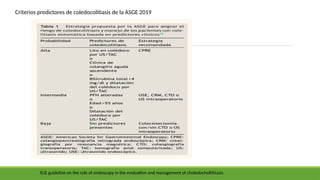 SGE guideline on the role of endoscopy in the evaluation and management of choledocholithiasis
Criterios predictores de coledocolitiasis de la ASGE 2019
 