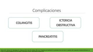 COLANGITIS
ICTERICIA
OBSTRUCTIVA
PANCREATITIS
Adams MA, Hosmer AE, Wamsteker EJ, Ander-son MA, Elta GH, Kubiliun NM, et al. Predicting the likelihood of a persistent bile duct stone in patients with suspected choledocholithiasis: ac
curacy of existing guidelines and the impact of laboratory trends. Gastrointest Endosc 2015
Complicaciones
 