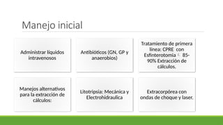 Administrar líquidos
intravenosos
Antibióticos (GN, GP y
anaerobios)
Tratamiento de primera
línea: CPRE con
Esfinterotomia 85-
90% Extracción de
cálculos.
Manejos alternativos
para la extracción de
cálculos:
Litotripsia: Mecánica y
Electrohidraulica
Extracorpórea con
ondas de choque y laser.
Manejo inicial
 
