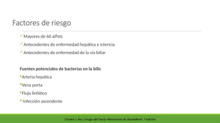 Factores de riesgo
Mayores de 60 años
Antecedentes de enfermedad hepática e ictericia
Antecedentes de enfermedad de la vía biliar
Fuentes potenciales de bacterias en la bilis
Arteria hepática
Vena porta
Flujo linfático
 Infección ascendente
Charles J. Yeo. Cirugía del Tracto Alimentario de Shackelford. 7 edición
 