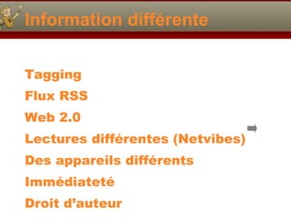 Information différente Tagging Flux RSS Web 2.0 Lectures différentes (Netvibes) Des appareils différents Immédiateté Droit d’auteur 