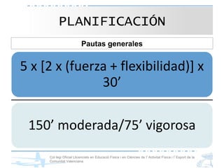 Col·legi Oficial Llicenciats en Educació Física i en Ciències de l’Activitat Física i l’Esport de la
Comunitat Valenciana
Pautas generales
5 x [2 x (fuerza + flexibilidad)] x
30’
150’ moderada/75’ vigorosa
PLANIFICACIÓN
 