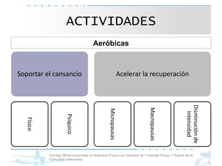 Col·legi Oficial Llicenciats en Educació Física i en Ciències de l’Activitat Física i l’Esport de la
Comunitat Valenciana
Aeróbicas
ACTIVIDADES
Soportar el cansancio
Físico
Psíquico
Acelerar la recuperación
Micropausas
Macropausas
Disminuciónde
intensidad
 
