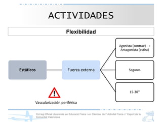 Col·legi Oficial Llicenciats en Educació Física i en Ciències de l’Activitat Física i l’Esport de la
Comunitat Valenciana
Flexibilidad
ACTIVIDADES
Estáticos Fuerza externa
Agonista (contrae) →
Antagonista (estira)
Seguros
15-30’’
Vascularización periférica
 