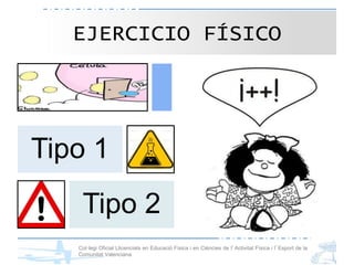 Col·legi Oficial Llicenciats en Educació Física i en Ciències de l’Activitat Física i l’Esport de la
Comunitat Valenciana
EJERCICIO FÍSICO
Tipo 1
Tipo 2
 