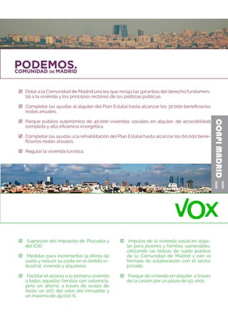 11
COAPIMADRID
;; Dotar a la Comunidad de Madrid una ley que recoja las garantías del derecho fundamen-
tal a la vivienda ...