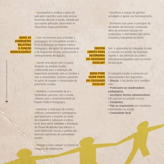 » Acompanhar e analisar o plano de                          » Incentivar a criação de grêmios
                                                                         aplicação específico para cada recurso                      estudantis e apoiar seu funcionamento;
                                                                         financeiro alocado à escola, zelando por
                                                                         sua correta aplicação, observados os                        » Incentivar seus pares a participar de
                                                                         dispositivos legais pertinentes.                            atividades de formação continuada,
                                                                                                                                     além de promover relações de
                                                                                                                                     cooperação e intercâmbio com outros
                                                              QUAiS AS   » Criar mecanismos para estimular a                         Conselhos/Colegiados Escolares.
                                                          ATriBUiçÕeS    participação da comunidade escolar e
                                                             reLATivAS   local na definição do Projeto Político-
                                                             À FUnção    Pedagógico, das ações de planejamento             eXiSTeM   Sim. A autonomia do Colegiado Escolar
                                                        MoBiLiZAdorA?    e do Regimento Escolar, promovendo a         LiMiTeS PArA   é exercida nos limites da legislação
                                                                         correspondente divulgação;                    AUTonoMiA     vigente e das diretrizes da política
                                                                                                                     do CoLegiAdo    educacional expedidas pela Secretaria
O COLEGIADO ESCOLAR FORTALECENDO A GESTÃO DEMOCRÁTICA




                                                                         » Manter articulação com a equipe                eSCoLAr?   da Educação.
                                                                         dirigente da unidade escolar,
                                                                         colaborando para a realização das
                                                                         respectivas atividades com as famílias e      QUeM Pode     O Colegiado Escolar é composto por
                                                                         com a comunidade, inclusive apoiando         FAZer PArTe    representantes dos segmentos:
                                                                         as ações de resgate e conservação do        do CoLegiAdo    – Direção. O (a) diretor (a) é membro
                                                                         patrimônio escolar;                             eSCoLAr?    nato
                                                                                                                                     – Professores ou coordenadores
                                                                         » Mobilizar a comunidade local a                            pedagógicos;
                                                                         estabelecer parcerias com a escola,                         – Servidores técnico-administrativos
                                                                         voltadas para o desenvolvimento do                          em exercício na unidade escolar;
16                                                                       Projeto Político-Pedagógico;                                – Estudantes;
(




                                                                                                                                     – Pais ou responsáveis por estudantes
                                                                         » Promover a realização de eventos                          matriculados na escola;
                                                                         culturais, comunitários e pedagógicos                       – Comunidade local.
                                                                         que favoreçam o respeito ao saber
                                                                         do estudante e valorizem a cultura
                                                                         local, bem como estimular a instalação
                                                                         de fóruns de debates que elevem o
                                                                         nível intelectual, técnico e político dos
                                                                         diversos segmentos da comunidade
                                                                         escolar;

                                                                         » Divulgar e fazer cumprir o Estatuto da
                                                                         Criança e do Adolescente;
 
