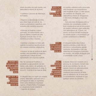 serem discutidos em cada reunião, com          QUeM FAZ A   As reuniões ordinárias serão convocadas
                 antecedência mínima de 48 horas;             ConvoCAção     pelo Presidente e as extraordinárias,
                                                                    PArA A   pelo Presidente ou por 2/3 (dois terços)
                 » Coordenar o processo de elaboração        reALiZAção de   dos membros do Colegiado, com
                 do Estatuto;                                    reUniÕeS?   antecedência mínima de 48 (quarenta
                                                                             e oito) horas, divulgada a respectiva
                 » Registrar as decisões das reuniões,                       pauta.
                 para efeito legal, em Livro de Ata                             Para uma maior divulgação entre os
                 próprio ou formulários específicos, com                     membros das comunidades escolar e
                 assinatura dos membros presentes;                           local, recomenda-se que as convocações
                                                                             de reuniões ordinárias sejam publicadas
                 » Submeter as matérias a serem                              com antecedência de 72 horas, nos
                 aprovadas, em conformidade com o                            murais, em locais de fácil visualização
                 quorum mínimo estabelecido pela                             da unidade escolar e encaminhadas por




                                                                                                                        O COLEGIADO ESCOLAR FORTALECENDO A GESTÃO DEMOCRÁTICA
                 legislação (metade mais um dos                              correio convencional ou eletrônico.
                 membros presentes à reunião);

                 » Substituir o mandato do titular pelo             QUAL A   O Colegiado Escolar deve realizar
                 suplente na ausência injustificada por      regULAridAde    reuniões ordinárias a cada mês do
                 três reuniões ordinárias consecutivas;       dAS reUniÕeS   ano letivo e extraordinárias quando
                                                             do CoLegiAdo    necessário. Recomenda-se que seja
                 » Convocar, no caso de vacância de algum         eSCoLAr?   elaborado um cronograma sistemático
                 membro, uma assembléia do respectivo                        de reuniões, com ampla divulgação para
                 segmento para a eleição de novo                             a comunidade escolar e local.
                 representante com respectivo suplente.
                                                                                                                        19




                                                                                                                        (
 o MeMBro do     Não. No exercício da Presidência, o                QUAL o   A reunião deverá ser instalada com a
CoLegiAdo QUe    presidente ou vice-presidente não tem             QUorUM    presença de, no mínimo, metade mais
oCUPA o CArgo    direito a voto, exceto o de qualidade, em    eSTABeLeCido   um de seus membros. Na falta de
 de PreSidenTe   caso de empate [conforme § 4º, Artigo 12,          PArA A   quorum, deverá ser automaticamente
    voTA dUAS    da Lei Nº. 11.043 de 09 de maio de 2008].      reALiZAção   convocada nova reunião, que
        veZeS?                                                 de reUniÕeS   acontecerá num prazo de 48 horas
                                                             do CoLegiAdo    para as ordinárias e de 24 horas para
CoMo deve Ser    O Colegiado deve ser regido por estatuto         eSCoLAr?   as extraordinárias, instalando-se com
   eLABorAdo     próprio, elaborado e aprovado com a                         qualquer número de membros.
    o eSTATUTo   participação de todos os segmentos,
 do CoLegiAdo    tendo como referência a legislação
      eSCoLAr?   vigente, o Projeto Político-Pedagógico
                 e o Regimento Escolar (ANEXO III
                 – Sugestão de Estatuto)
 