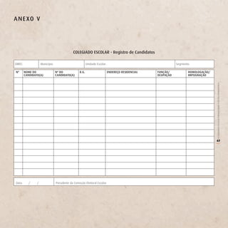 A n e Xo v




                                               CoLegiAdo eSCoLAr - registro de Candidatos

DIREC:               Município:                             Unidade Escolar:                                     Segmento:

nº       noMe do                  nº do              r.g.                      endereço reSidenCiAL   FUnção/           hoMoLogAção/
         CAndidATo(A)             CAndidATo(A)                                                        oCUPAção          iMPUgnAção




                                                                                                                                       O COLEGIADO ESCOLAR FORTALECENDO A GESTÃO DEMOCRÁTICA
                                                                                                                                       47




                                                                                                                                       (
Data:      /     /                Presidente da Comissão Eleitoral Escolar:
 
