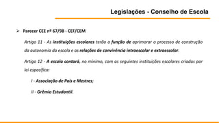 Legislações - Conselho de Escola
 Parecer CEE nº 67/98 - CEF/CEM
Artigo 11 - As instituições escolares terão a função de aprimorar o processo de construção
da autonomia da escola e as relações de convivência intraescolar e extraescolar.
Artigo 12 - A escola contará, no mínimo, com as seguintes instituições escolares criadas por
lei específica:
I - Associação de Pais e Mestres;
II - Grêmio Estudantil.
 