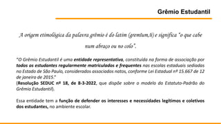 Grêmio Estudantil
A origem etimológica da palavra grêmio é do latim (gremĭum,ĭi) e significa “o que cabe
num abraço ou no colo”.
“O Grêmio Estudantil é uma entidade representativa, constituída na forma de associação por
todos os estudantes regularmente matriculados e frequentes nas escolas estaduais sediadas
no Estado de São Paulo, considerados associados natos, conforme Lei Estadual nº 15.667 de 12
de janeiro de 2015.”
(Resolução SEDUC nº 18, de 8-3-2022, que dispõe sobre o modelo do Estatuto-Padrão do
Grêmio Estudantil).
Essa entidade tem a função de defender os interesses e necessidades legítimos e coletivos
dos estudantes, no ambiente escolar.
 