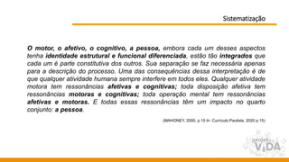 Sistematização
O motor, o afetivo, o cognitivo, a pessoa, embora cada um desses aspectos
tenha identidade estrutural e funcional diferenciada, estão tão integrados que
cada um é parte constitutiva dos outros. Sua separação se faz necessária apenas
para a descrição do processo. Uma das consequências dessa interpretação é de
que qualquer atividade humana sempre interfere em todos eles. Qualquer atividade
motora tem ressonâncias afetivas e cognitivas; toda disposição afetiva tem
ressonâncias motoras e cognitivas; toda operação mental tem ressonâncias
afetivas e motoras. E todas essas ressonâncias têm um impacto no quarto
conjunto: a pessoa.
(MAHONEY, 2000, p.15 In: Currículo Paulista, 2020 p.15)
 