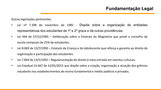Fundamentação Legal
Outras legislações pertinentes:
• Lei nº 7.398 de novembro de 1985 - Dispõe sobre a organização de entidades
representativas dos estudantes de 1º e 2º graus e dá outras providências.
• Lei 444 de 27/12/1985 – Deliberação sobre o Estatuto do Magistério que prevê o conselho de
escola composto de 25% de estudantes.
• Lei 8.069 de 13/7/1990 – Estatuto da Criança e do Adolescente que reforça a garantia ao direito de
organização e participação dos estudantes.
• Lei 7.844 de 13/5/1992 – Regulamentação do direito à meia entrada em eventos culturais.
• Lei Estadual 15.667 de 12/01/2015 que dispõe sobre a criação, organização e atuação dos grêmios
estudantis nos estabelecimentos de ensino fundamental e médio públicos e privados.
 