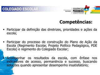 Competências:
 Participar da definição das diretrizes, prioridades e ações da
escola;
 Participar do processo de construção do Plano de Ação da
Escola (Regimento Escolar, Projeto Político Pedagógico, PDE
Escola) e regimento do Colegiado Escolar;
 Acompanhar os resultados da escola, com ênfase nos
indicadores de acesso, permanência e sucesso, buscando
soluções quando apresentar desempenho insatisfatório;
 