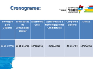 Cronograma:
Formação
para
Gestores
Mobilização
da
Comunidade
Escolar
Assembleia
Geral
Apresentação e
Homologação das
Candidaturas
Campanha
Eleitoral
Eleição
De 01 a 07/03 De 08 a 15/03 18/03/2016 25/03/2016 28 a 11/ 04 13/04/2016
De 09 a 15/03 Dia 18/03 Dia 29/03 De 30/03 a 11/04 Dia 13/04
De 08 a 09/03
 