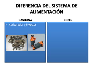 DIFERENCIA DEL SISTEMA DE
ALIMENTACIÓN
GASOLINA DIESEL
• Carburador y inyector