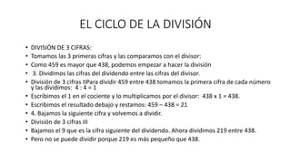 EL CICLO DE LA DIVISIÓN
• DIVISIÓN DE 3 CIFRAS:
• Tomamos las 3 primeras cifras y las comparamos con el divisor:
• Como 459 es mayor que 438, podemos empezar a hacer la división
• 3. Dividimos las cifras del dividendo entre las cifras del divisor.
• División de 3 cifras IIPara dividir 459 entre 438 tomamos la primera cifra de cada número
y las dividimos: 4 : 4 = 1
• Escribimos el 1 en el cociente y lo multiplicamos por el divisor: 438 x 1 = 438.
• Escribimos el resultado debajo y restamos: 459 – 438 = 21
• 4. Bajamos la siguiente cifra y volvemos a dividir.
• División de 3 cifras III
• Bajamos el 9 que es la cifra siguiente del dividendo. Ahora dividimos 219 entre 438.
• Pero no se puede dividir porque 219 es más pequeño que 438.
 