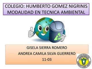 COLEGIO: HUMBERTO GOMEZ NIGRINIS
MODALIDAD EN TECNICA AMBIENTAL
GISELA SIERRA ROMERO
ANDREA CAMILA SILVA GUERRERO
11-03
 