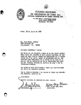 Carta del Colegio Nacional de Abogados de Cuba al Dr. José Morell Romero
