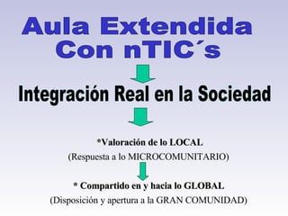 Aula Extendida Con nTIC´s Integración Real en la Sociedad *Valoración de lo LOCAL (Respuesta a lo MICROCOMUNITARIO) * Compartido en y hacia lo GLOBAL (Disposición y apertura a la GRAN COMUNIDAD) 