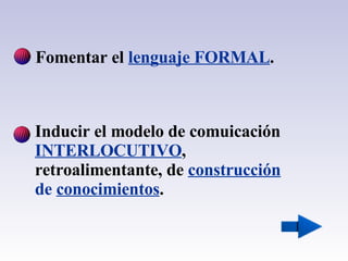 Fomentar el  lenguaje FORMAL .  Inducir el modelo de comuicación  INTERLOCUTIVO , retroalimentante, de  construcción  de  conocimientos .  