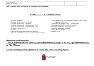 cívicos (Para los
alumnos que no cursan
Religión )
Nota: El asterisco quiere decir que son los mismos libros del curso pasado.
MATERIAL PARA EL AULA DE PRIMER NIVEL:
- 10 fundas de plástico. - 1 libreta grande (tamaño folio) de hojas en blanco para la clase de inglés.
- 2 paquete de 500 folios 80 grs. din a-4.
- 2 cajas de plastidecor de 12 unidades.
- 1 cajas de rotuladores de 12 unidades punta fina.
- 1 caja de rotuladores de 12 unidades punta gruesa.
- 10 lápices "staedler noris" nº 2.
- 10 gomas.
- 5 pegamentos de barra.
- 3 subcarpetas de cartulina (1 roja, 1 verde y 1 azul).
- 1 libreta grande (tamaño folio) de dos renglones.
- 1 recambio de 100 hojas de dos renglones.
- 1 cuaderno de cartulinas de colores.
- 1 tijeras de punta redonda.
- 1 estuche tipo bolso con cremallera (no metálico). - 1 regla de 20 cm.
- 1 paquete de plastilina del color que se quiera tamaño mediano
Importante para los padres:
Tanto el material como los libros de texto deben traerlos al colegio el día 3 de septiembre (miércoles)
de 10 a 12 horas.
Los libros de texto y libretas deben llevar el nombre del/a alumno/a escrito por fuera.
 