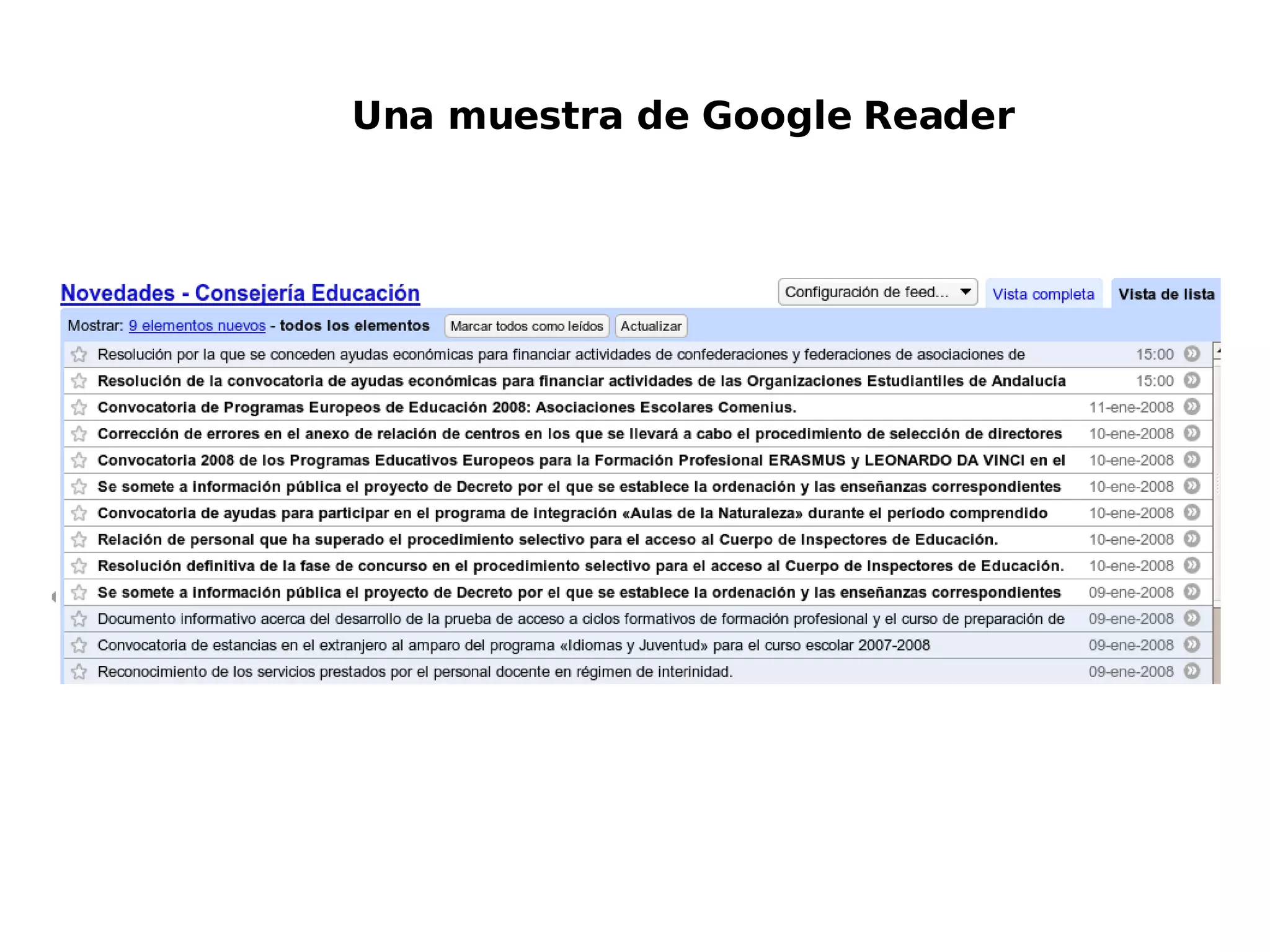 Una muestra de Google Reader 