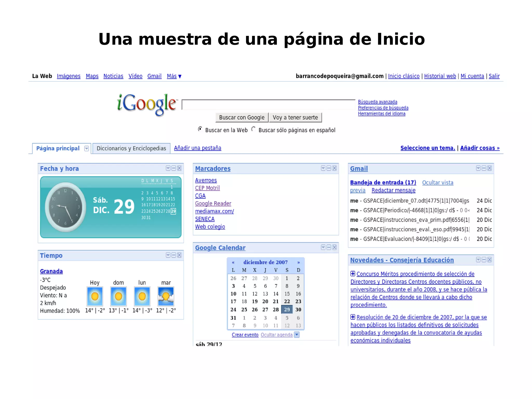 Una muestra de una página de Inicio 