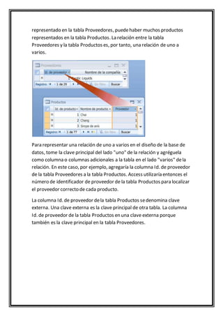 representado en la tabla Proveedores, puede haber muchos productos 
representados en la tabla Productos. La relación entre la tabla 
Proveedores y la tabla Productos es, por tanto, una relación de uno a 
varios. 
Para representar una relación de uno a varios en el diseño de la base de 
datos, tome la clave principal del lado "uno" de la relación y agréguela 
como columna o columnas adicionales a la tabla en el lado "varios" de la 
relación. En este caso, por ejemplo, agregaría la columna Id. de proveedor 
de la tabla Proveedores a la tabla Productos. Access utilizaría entonces el 
número de identificador de proveedor de la tabla Productos para localizar 
el proveedor correcto de cada producto. 
La columna Id. de proveedor de la tabla Productos se denomina clave 
externa. Una clave externa es la clave principal de otra tabla. La columna 
Id. de proveedor de la tabla Productos en una clave externa porque 
también es la clave principal en la tabla Proveedores. 
 