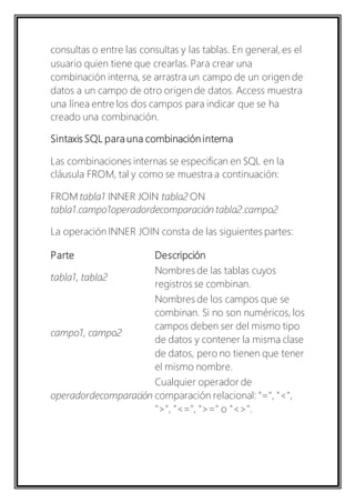 consultas o entre las consultas y las tablas. En general, es el 
usuario quien tiene que crearlas. Para crear una 
combinación interna, se arrastra un campo de un origen de 
datos a un campo de otro origen de datos. Access muestra 
una línea entre los dos campos para indicar que se ha 
creado una combinación. 
Sintaxis SQL para una combinación interna 
Las combinaciones internas se especifican en SQL en la 
cláusula FROM, tal y como se muestra a continuación: 
FROM tabla1 INNER JOIN tabla2 ON 
tabla1.campo1operadordecomparación tabla2.campo2 
La operación INNER JOIN consta de las siguientes partes: 
Parte Descripción 
tabla1, tabla2 
Nombres de las tablas cuyos 
registros se combinan. 
campo1, campo2 
Nombres de los campos que se 
combinan. Si no son numéricos, los 
campos deben ser del mismo tipo 
de datos y contener la misma clase 
de datos, pero no tienen que tener 
el mismo nombre. 
operadordecomparación 
Cualquier operador de 
comparación relacional: "=", "<", 
">", "<=", ">=" o "<>". 
 
