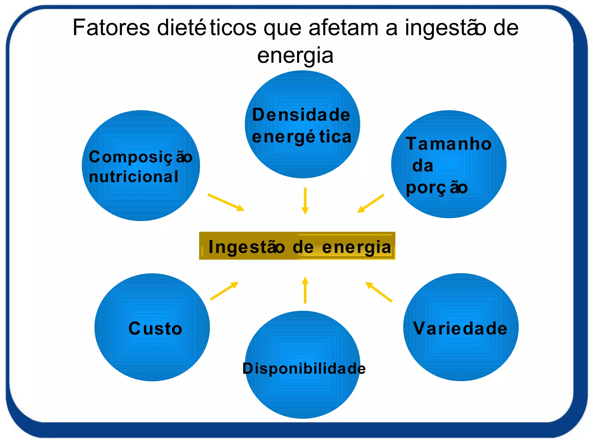 Fatores dietéticos que afetam a ingestão de energia Densidade energética Variedade Tamanho da  porção Custo  Composição nutricional Ingestão de energia Disponibilidade 