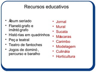 Recursos educativos Álbum seriado Flanelógrafo e imãntógrafo Histórias em quadrinhos Peça teatral Teatro de fantoches Jogos de dominó, percurso e baralho Jornal Mural Sucata Máscaras Carimbo Modelagem Culinária Horticultura 