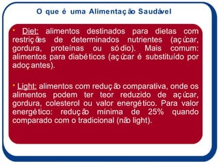 O que é uma Alimentação Saudável Diet:  alimentos destinados para dietas com restrições de determinados nutrientes (açúcar, gordura, proteínas ou sódio). Mais comum: alimentos para diabéticos (açúcar é substituído por adoçantes). Light:  alimentos com redução comparativa, onde os alimentos podem ter teor reduzido de açúcar, gordura, colesterol ou valor energético. Para valor energético: redução mínima de 25% quando comparado com o tradicional (não light). 