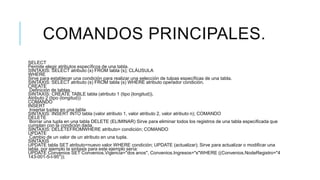 COMANDOS PRINCIPALES.
SELECT
Permite elegir atributos específicos de una tabla.
SINTAXIS: SELECT atributo (s) FROM tabla (s); CLÁUSULA
WHERE
Sirve para establecer una condición para realizar una selección de tulpas específicas de una tabla.
SINTAXIS: SELECT atributo (s) FROM tabla (s) WHERE atributo operador condición.
CREATE
Definición de tablas.
SINTAXIS: CREATE TABLE tabla (atributo 1 (tipo (longitud)),
Atributo 2 (tipo (longitud))
COMANDO
INSERT
Insertar tuplas en una tabla
SINTAXIS: INSERT INTO tabla (valor atributo 1, valor atributo 2, valor atributo n); COMANDO
DELETE
Borrar una tupla en una tabla DELETE (ELIMINAR) Sirve para eliminar todos los registros de una tabla especificada que
cumplan con la condición dada.
SINTAXIS: DELETEFROMWHERE atributo= condición; COMANDO
UPDATE
Cambio de un valor de un atributo en una tupla.
SINTAXIS
UPDATE tabla SET atributo=nuevo valor WHERE condición; UPDATE (actualizar); Sirve para actualizar o modificar una
tabla, por ejemplo la sintaxis para este ejemplo sería:
UPDATE Convenios SET Convenios.Vigencia="dos anos", Convenios.Ingresos="s"WHERE ((Convenios.NodeRegistro="4
143-001-5-I-95"));
 