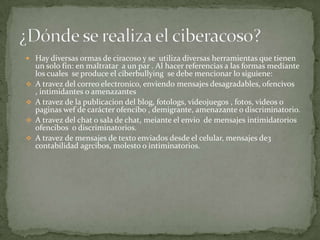  Hay diversas ormas de ciracoso y se utiliza diversas herramientas que tienen







un solo fin: en maltratar a un par . Al hacer referencias a las formas mediante
los cuales se produce el ciberbullying se debe mencionar lo siguiene:
A travez del correo electronico, enviendo mensajes desagradables, ofencivos
, intimidantes o amenazantes
A travez de la publicacion del blog, fotologs, videojuegos , fotos, videos o
paginas wef de carácter ofencibo , demigrante, amenazante o discriminatorio.
A travez del chat o sala de chat, meiante el envio de mensajes intimidatorios
0fencibos o discriminatorios.
A travez de mensajes de texto enviados desde el celular, mensajes de3
contabilidad agrcibos, molesto o intiminatorios.

 
