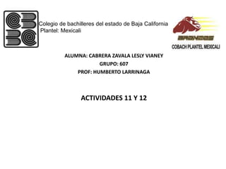 Colegio de bachilleres del estado de Baja California
Plantel: Mexicali



          ALUMNA: CABRERA ZAVALA LESLY VIANEY
                      GRUPO: 607
              PROF: HUMBERTO LARRINAGA



                ACTIVIDADES 11 Y 12
 