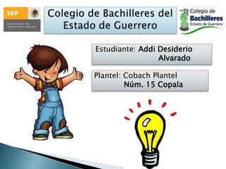 Estudiante: Addi Desiderio
Alvarado
Plantel: Cobach Plantel
Núm. 15 Copala

 