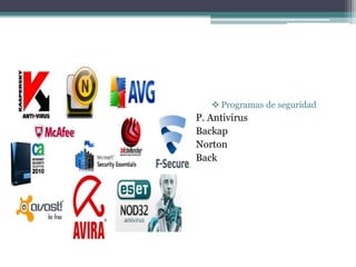  Programas de seguridad
P. Antivirus
Backap
Norton
Back
 