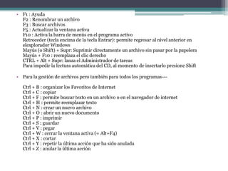• F1 : Ayuda
F2 : Renombrar un archivo
F3 : Buscar archivos
F5 : Actualizar la ventana activa
F10 : Activa la barra de menús en el programa activo
Retroceder (tecla encima de la tecla Entrar): permite regresar al nivel anterior en
elexplorador Windows
Mayús (o Shift) + Supr: Suprimir directamente un archivo sin pasar por la papelera
Mayús + F10 : reemplaza el clic derecho
CTRL + Alt + Supr: lanza el Administrador de tareas
Para impedir la lectura automática del CD, al momento de insertarlo presione Shift
• Para la gestión de archivos pero también para todos los programas---
Ctrl + B : organizar los Favoritos de Internet
Ctrl + C : copiar
Ctrl + F : permite buscar texto en un archivo o en el navegador de internet
Ctrl + H : permite reemplazar texto
Ctrl + N : crear un nuevo archivo
Ctrl + O : abrir un nuevo documento
Ctrl + P : imprimir
Ctrl + S : guardar
Ctrl + V : pegar
Ctrl + W : cerrar la ventana activa (= Alt+F4)
Ctrl + X : cortar
Ctrl + Y : repetir la última acción que ha sido anulada
Ctrl + Z : anular la última acción
 