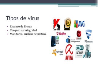Tipos de virus
• Escaneo de firmas
• Chequeo de integridad
• Monitoreo, anàlisis neuristico.
 