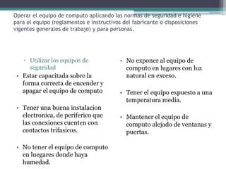 Operar el equipo de computo aplicando las normas de seguridad e higiene
para el equipo (reglamentos e instructivos del fabricante o disposiciones
vigentes generales de trabajo) y para personas.
▫ Utilizar los equipos de
seguridad
• Estar capacitada sobre la
forma correcta de encender y
apagar el equipo de computo
• Tener una buena instalacion
electronica, de periferico que
las conexiones cuenten con
contactos trifasicos.
• No tener el equipo de computo
en luegares donde haya
humedad.
• No exponer al equipo de
computo en lugares con luz
natural en exceso.
• Tener el equipo expuesto a una
temperatura media.
• Mantener el equipo de
computo alejado de ventanas y
puertas.
 