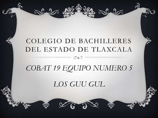 COLEGIO DE BACHILLERES 
DEL ESTADO DE TLAXCALA 
COBAT 19 EQUIPO NUMERO 5 
LOS GUU GUL 
 