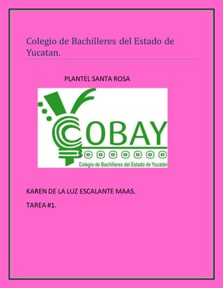 Colegio de Bachilleres del Estado de
Yucatan.
PLANTEL SANTA ROSA
KAREN DE LA LUZ ESCALANTE MAAS.
TAREA #1.
 